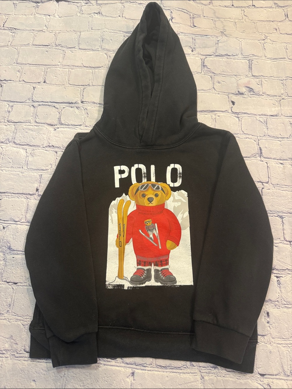 Polo by Ralph Lauren Black Hoodie with Bear Ski Graphic | Kids Size 6 | EUC